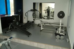 多布里奇多布鲁扎酒店的一个带镜子、跑步机和举重器材的健身房
