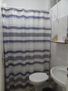 阿雷格里港罗马酒店的带淋浴帘和卫生间的浴室