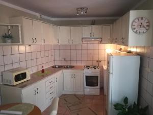 诺维·维诺多尔斯基Apartment Ines的厨房配有白色家电和墙上的时钟