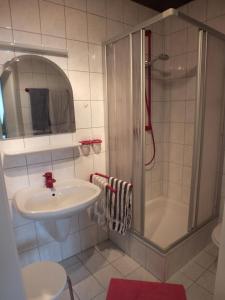 MindenGästehaus Neises的一间带水槽和淋浴的小浴室
