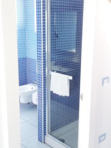 马蒂纳塔B&B Conca del Faro的一间带卫生间和玻璃淋浴间的浴室