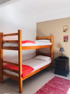 弗洛里亚诺波利斯Lagoa da Conceição Apartments的配有2张双层床的宿舍间设有地毯。