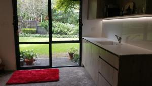 新普利茅斯Sequoia Steps的一个带水槽的厨房,享有庭院的景色