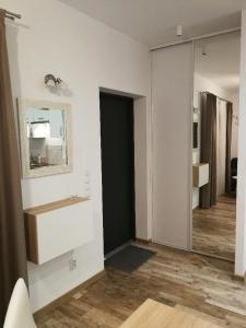格但斯克Domek przy lesie的浴室设有水槽和墙上的镜子