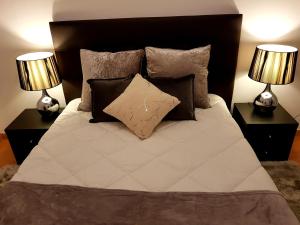 波尔图Oporto Cozy Studio的一间卧室配有一张带枕头的床和两盏灯。