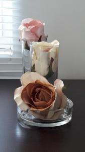 拉夫达Family House Asai的桌子上玻璃瓶里两朵玫瑰