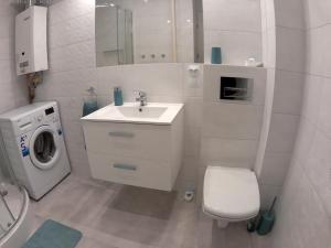 琴斯托霍瓦Apartament Jasny的白色的浴室设有水槽和洗衣机。
