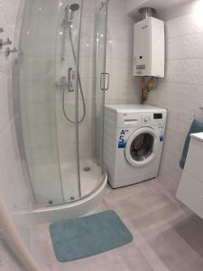 琴斯托霍瓦Apartament Jasny的带淋浴和洗衣机的浴室