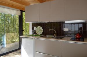 阿格达Bamboo Guest House的厨房配有白色橱柜、水槽和窗户。