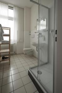 卡塞尔Hotel Burgfeld的带淋浴、卫生间和盥洗盆的浴室