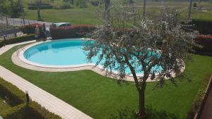 西尔米奥奈Villa Villacolle的院子中游泳池旁的树