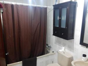 雷阿尔城Andrea´s place的浴室设有卫生间和棕色的淋浴帘