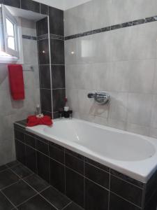 卡尔利拉基The Place to be的浴室设有白色浴缸,备有红色毛巾