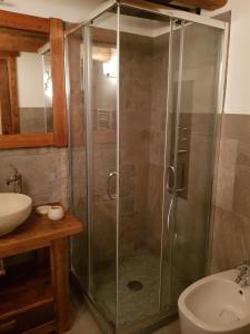 普雷圣迪迪埃La mansarda delle marmotte的浴室里设有玻璃门淋浴
