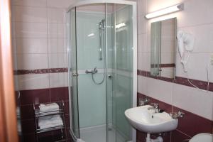 布拉格威尔海姆酒店的一间带玻璃淋浴和水槽的浴室