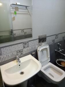 维拉杰佩特Suroor Tourist Home的一间带水槽、卫生间和镜子的浴室