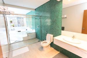 蓬塔波朗博斯克柏萨达酒店的带淋浴、卫生间和盥洗盆的浴室