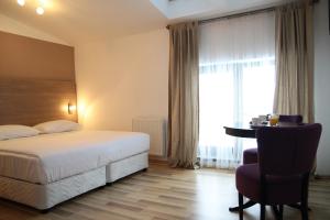 布拉索夫城市公寓式酒店的配有一张床、一张书桌和一扇窗户的酒店客房