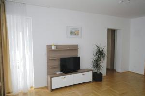 莫什奇尼策Haus Zora Ferienwohnung 7的客厅配有壁橱上的平面电视
