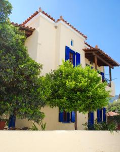 Órmos MarathokámpouJimmy's Place的一座拥有蓝色百叶窗和树木的房子