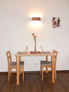 维尔德科格尔山麓布兰贝格ff Appartements的一张桌子,两把椅子,花瓶上放着鲜花