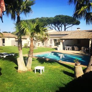 圣特罗佩Villa Made的棕榈树庭院内的游泳池