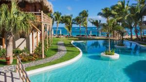 蓬塔卡纳Zoetry Agua Punta Cana - All Inclusive的棕榈树和海洋的度假游泳池