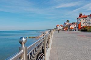 泽列诺格拉茨克伊丽莎公主酒店的海边的步行道,有房屋和城镇