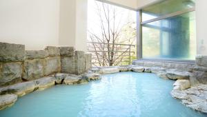 那须町Hotel Laforet Nasu的一个带岩石墙的房间的游泳池