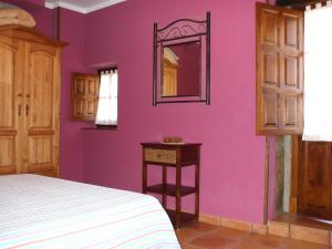 Totero拉克拉力扎公寓的一间卧室设有紫色的墙壁、一张床和镜子