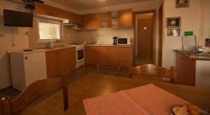BizeljskoApartment House Sumrak的一间小厨房,配有木制橱柜、一张桌子和一张桌子。