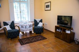 苏博蒂察Kolar Apartment的客厅配有电视、2把椅子和1张桌子