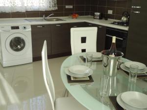 梅利哈三叶草公寓酒店的厨房配有玻璃桌和洗衣机。