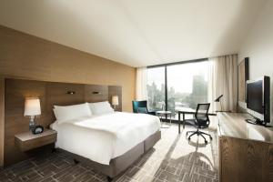 墨尔本墨尔本泛太平洋酒店的酒店客房配有一张床、一张书桌和一台电视。