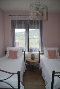 尼亚普拉莫斯Olive Tree Cottage的一间卧室设有两张床和窗户。