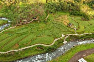 普卡Le Eminence Puncak Hotel Convention & Resort的享有花园的空中景致和河流美景