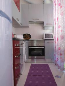 蒙蒂茹阿罗门托切萨里尼酒店的厨房配有白色橱柜和紫色地毯