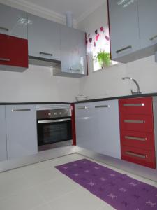 蒙蒂茹阿罗门托切萨里尼酒店的厨房配有红色和白色的橱柜和紫色地毯