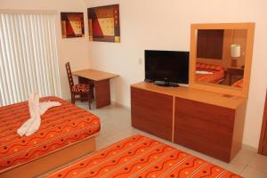 瓜达拉哈拉萨波潘皇家酒店的配有电视、床和镜子的酒店客房