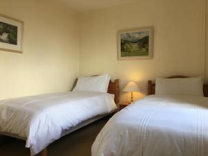 克雷格纽尔Shieling Holidays Mull的一间卧室设有两张床和一张桌子上的台灯。