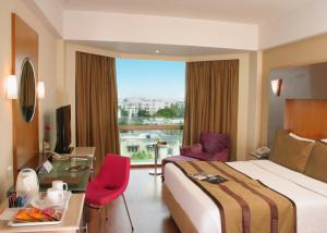 海得拉巴高康达酒店的配有一张床、一张书桌和一扇窗户的酒店客房