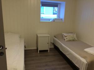 希尔科内斯Barents Hotell的小房间设有两张床和窗户