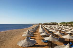 沙姆沙伊赫米拉贝尔杰斯酒店&度假村的海滩上的一排草伞