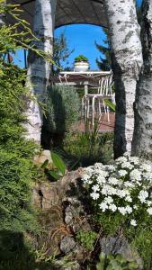 Strevi向日葵旅馆的花园配有桌椅和白色鲜花
