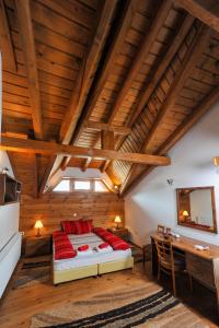 班斯科Family Hotel Dzhangal的一间带一张床的卧室,位于带木制天花板的房间内