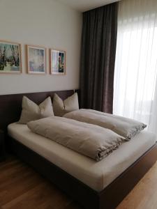 林茨耶格尔梅尔霍夫酒店的一间卧室设有两张床和窗户。