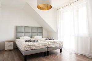 克罗斯诺Hostel 66的白色卧室配有一张大床和吊灯