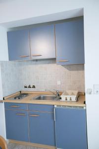 克拉默特Susanna Apartments的厨房配有蓝色橱柜和水槽