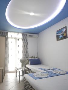 多布拉沃达Apartments Aza的一间卧室设有两张床和蓝色的天花板