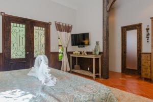 普拉亚卡门Hacienda Xcaret的一间卧室配有一张床、一台电视和一张桌子